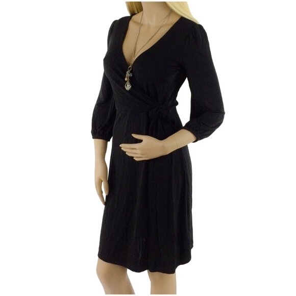 Vintage 90s Ann Taylor Black 3/4 Sleeve V-Neck Wrap Office Siren Corpcore Dress - Picture 3 of 10
